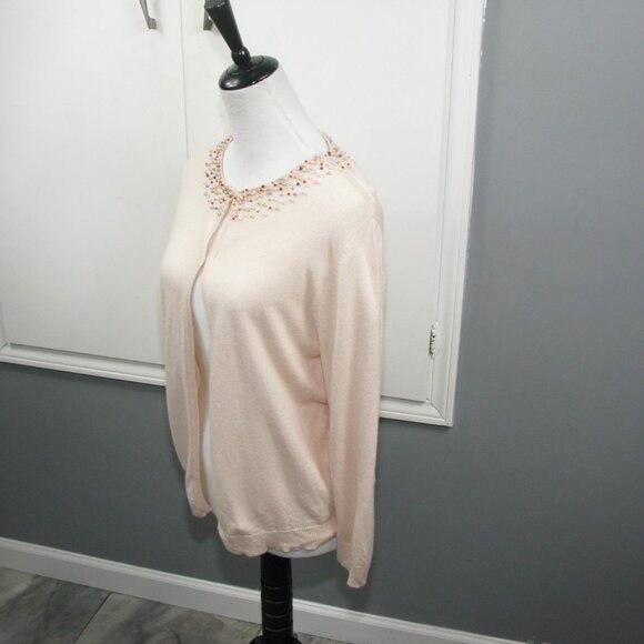 Field Manor Peach Beaded Neckline Silk Blend Cardigan Size Large - Picture 4 of 6